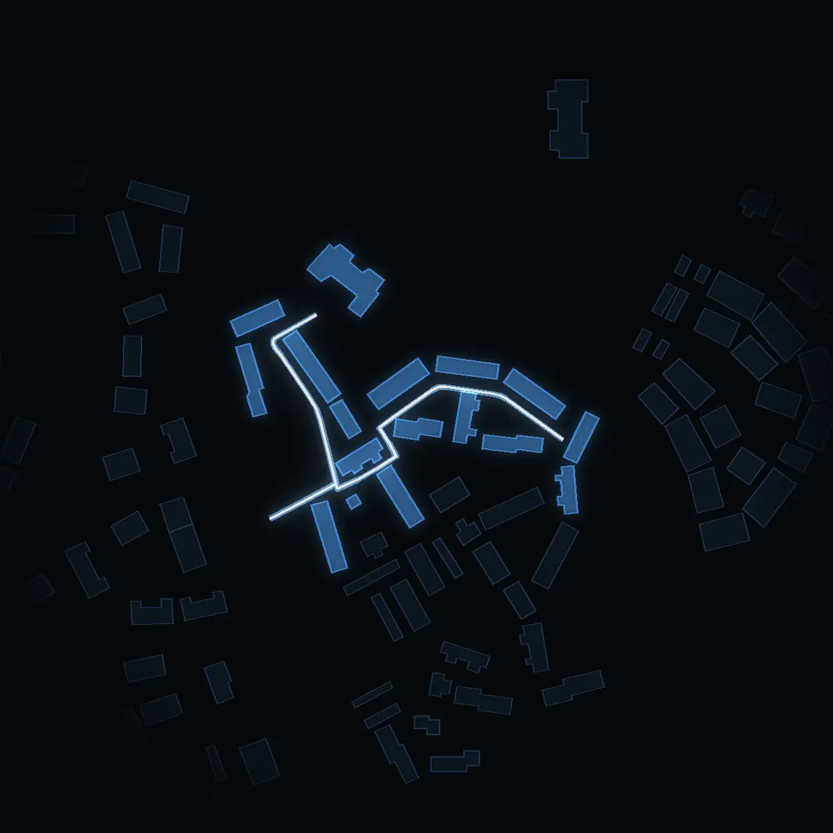 The street at night: Bogvägen drawn in white, its buildings lit in the colour of their area’s income