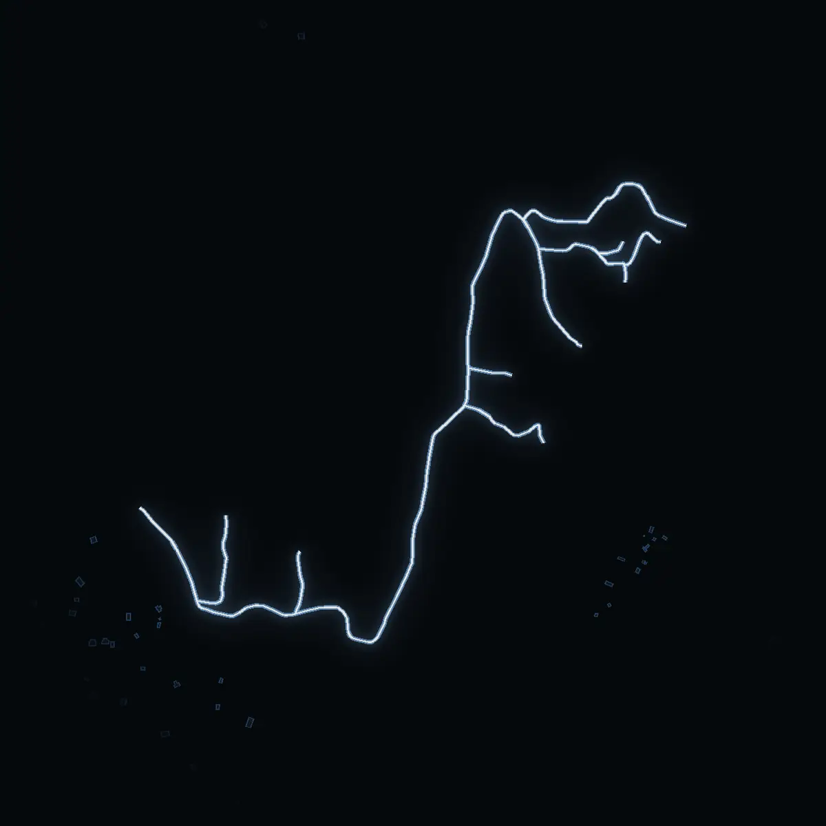 The street at night: Bredlötsvägen drawn in white, its buildings lit in the colour of their area’s income