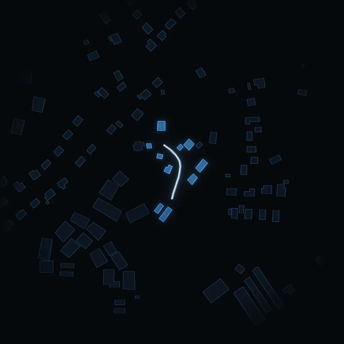 The street at night: Bryggstigen drawn in white, its buildings lit in the colour of their area’s income