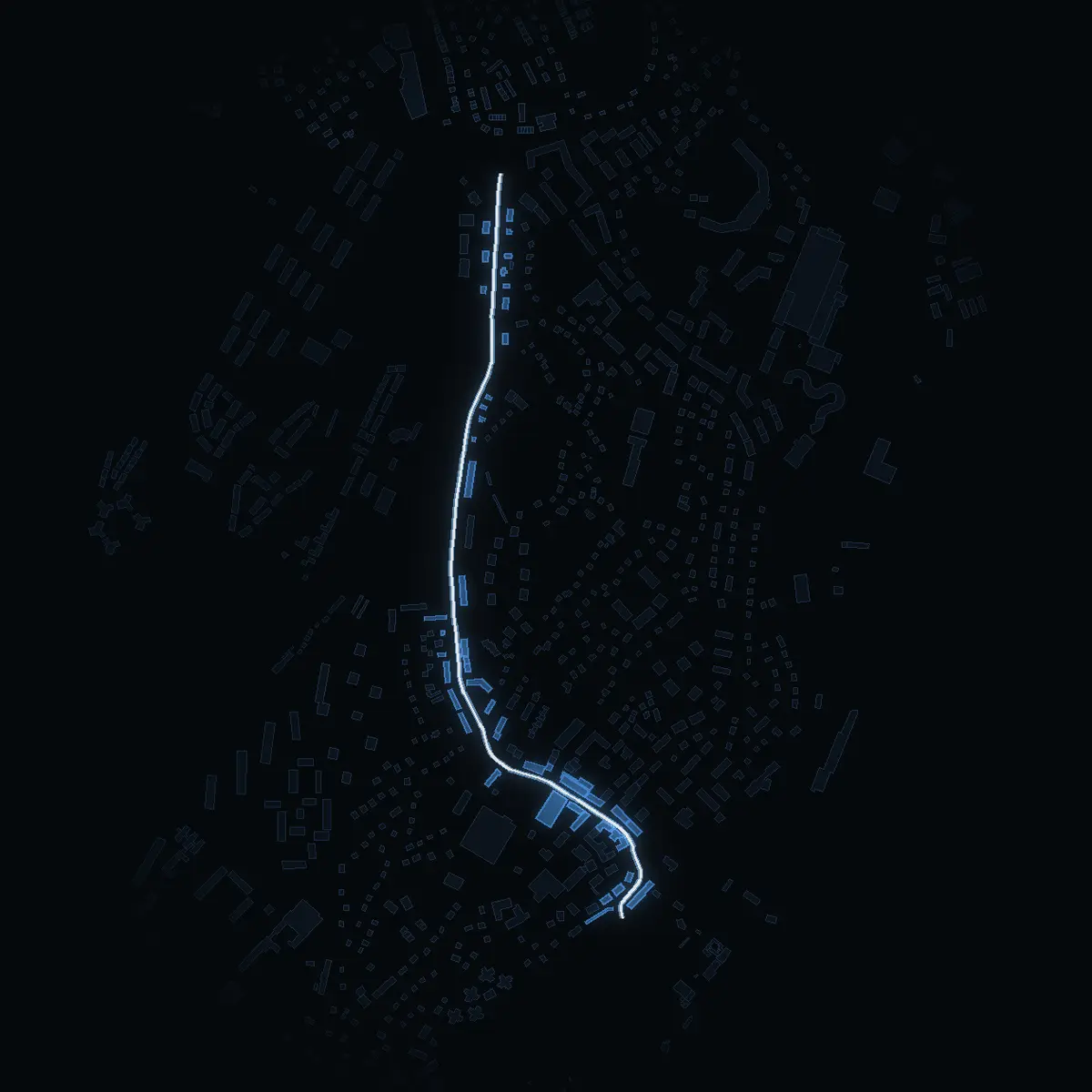 The street at night: Centralgatan drawn in white, its buildings lit in the colour of their area’s income