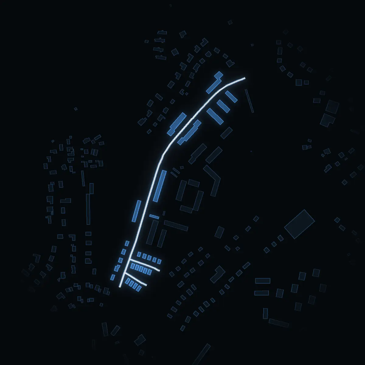 The street at night: Estövägen drawn in white, its buildings lit in the colour of their area’s income
