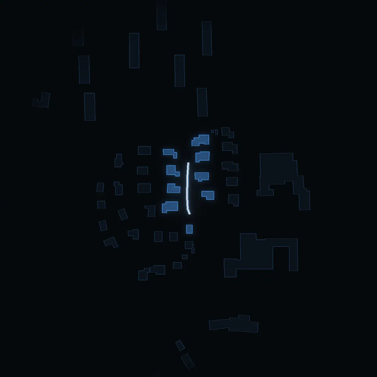 The street at night: Granvägen drawn in white, its buildings lit in the colour of their area’s income