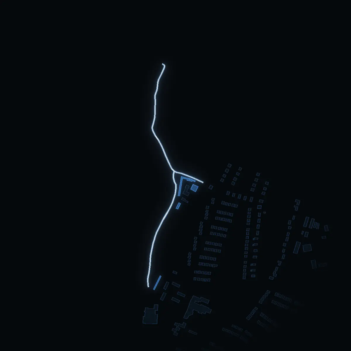 The street at night: Grönlundsvägen drawn in white, its buildings lit in the colour of their area’s income