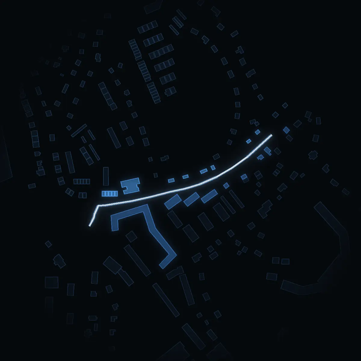 The street at night: Grönviksvägen drawn in white, its buildings lit in the colour of their area’s income