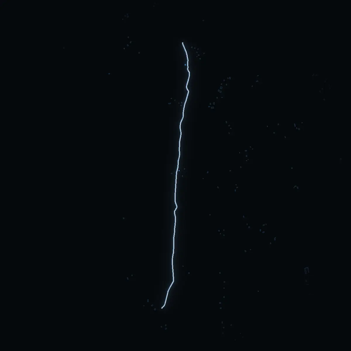 The street at night: Hästnäsvägen drawn in white, its buildings lit in the colour of their area’s income