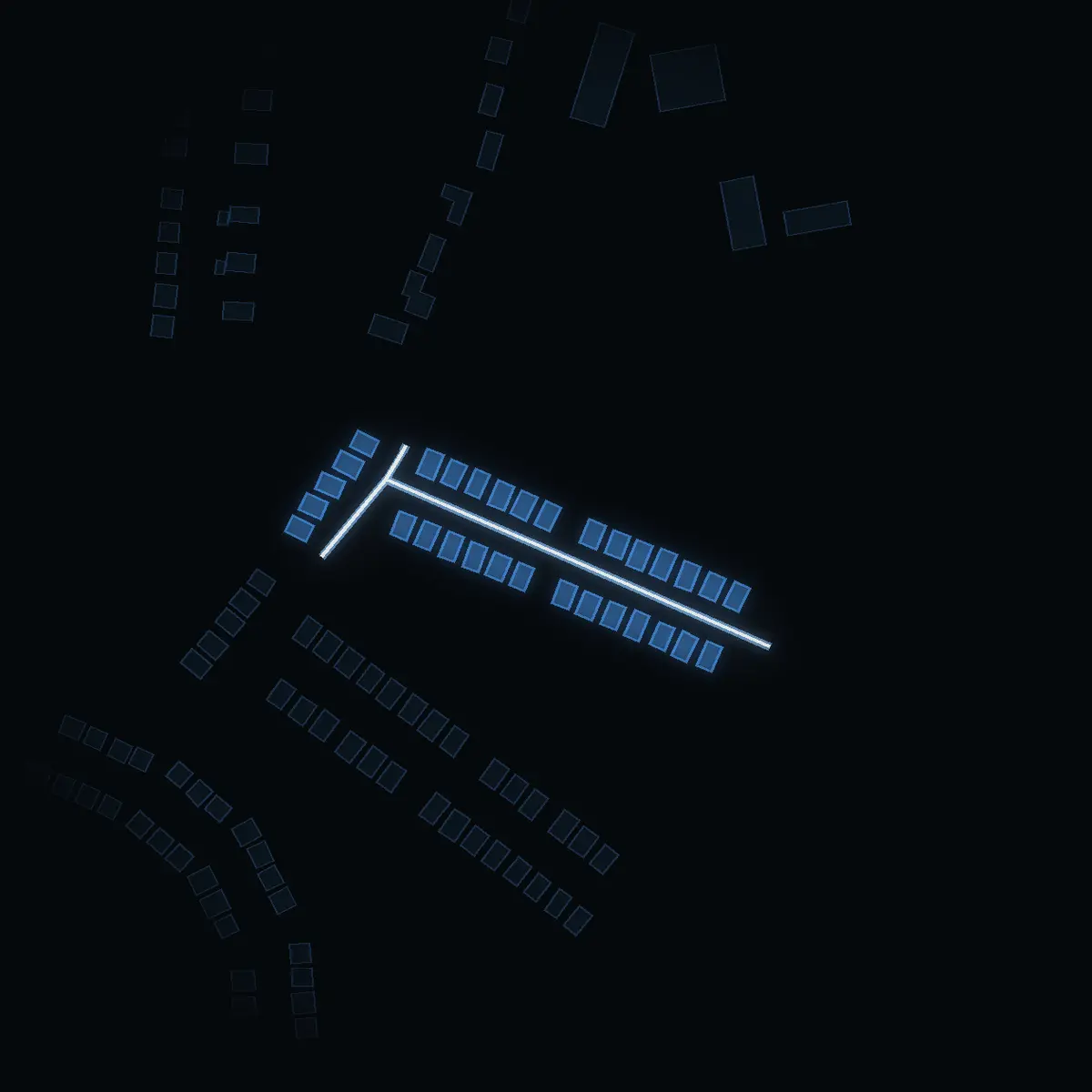 The street at night: Hedstigen drawn in white, its buildings lit in the colour of their area’s income