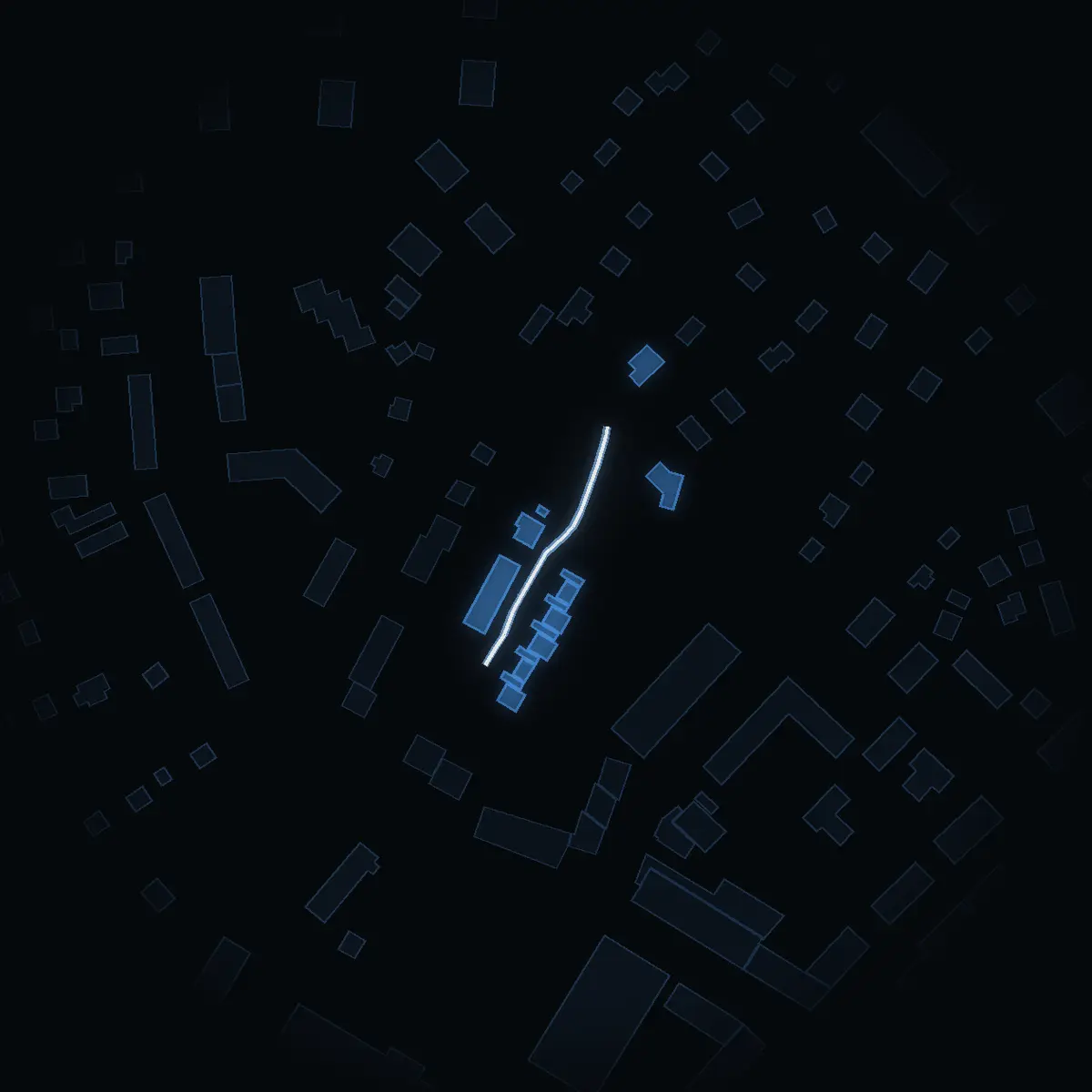 The street at night: Jättekastgränd drawn in white, its buildings lit in the colour of their area’s income