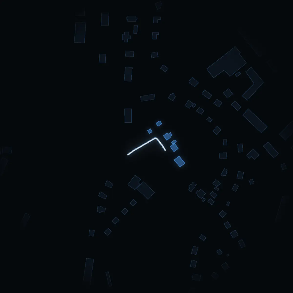 The street at night: Kvartersgatan drawn in white, its buildings lit in the colour of their area’s income