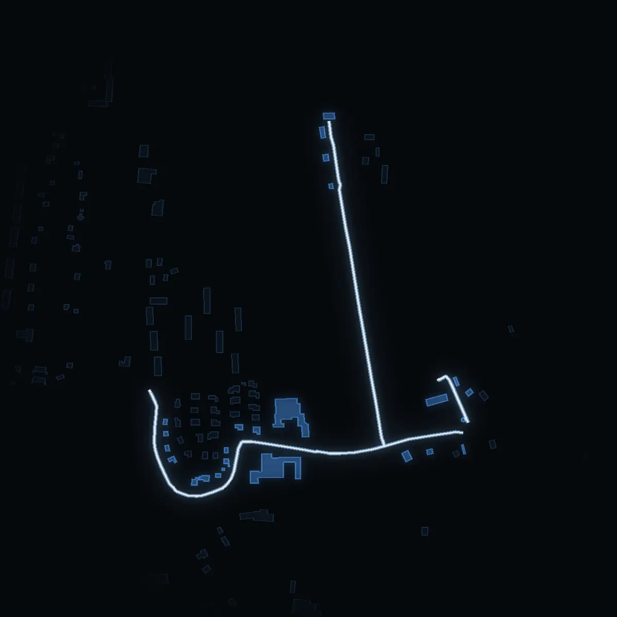 The street at night: Kyrkvägen drawn in white, its buildings lit in the colour of their area’s income