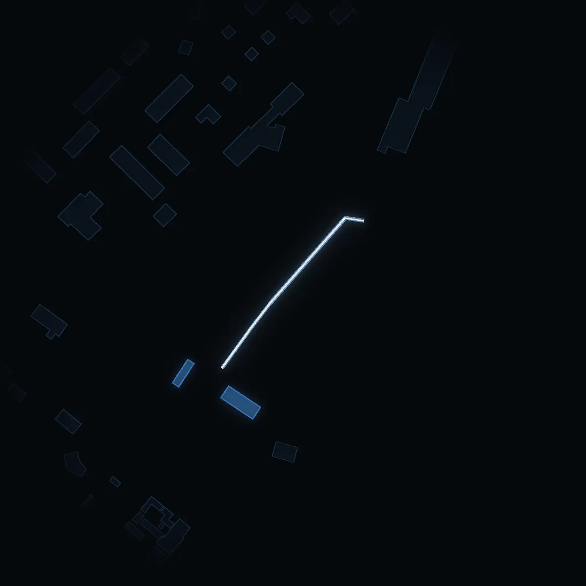 The street at night: Lane 2 drawn in white, its buildings lit in the colour of their area’s income