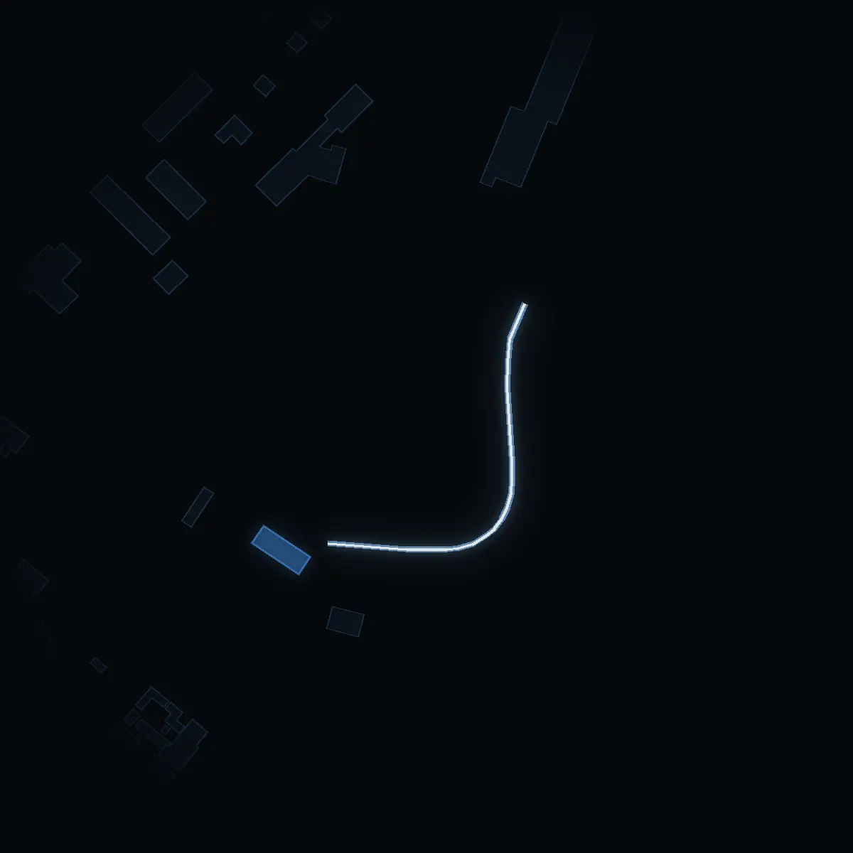The street at night: Lane 7 drawn in white, its buildings lit in the colour of their area’s income
