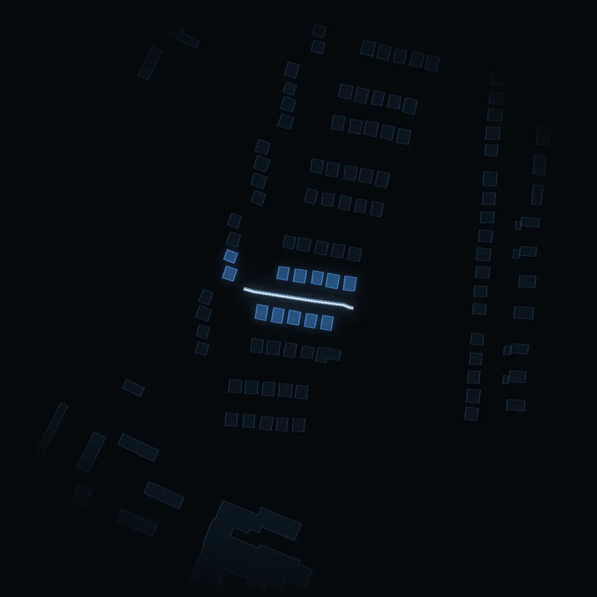 The street at night: Linnéavägen drawn in white, its buildings lit in the colour of their area’s income