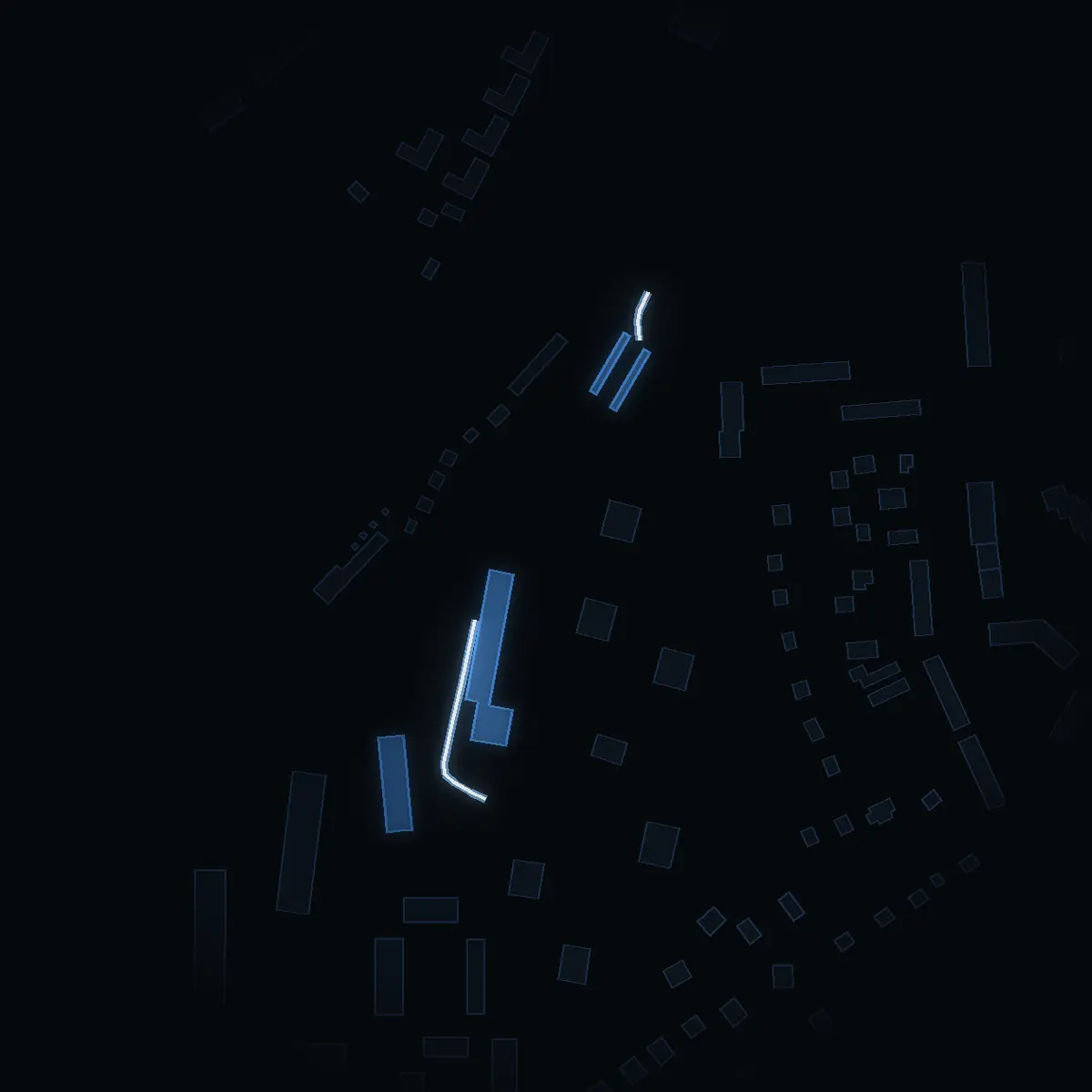 The street at night: Lokes väg (Nynäshamns stad-östra) drawn in white, its buildings lit in the colour of their area’s income