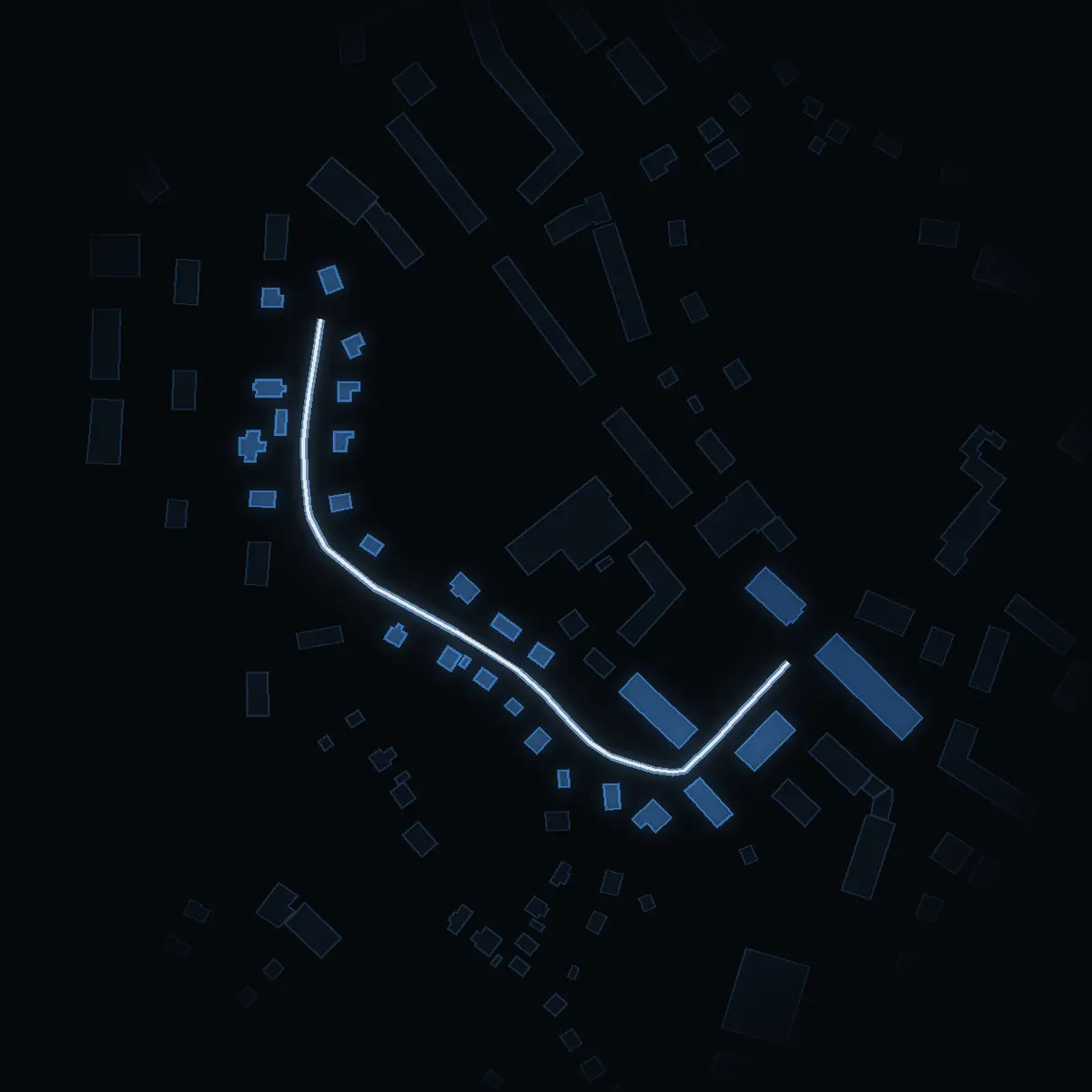 The street at night: Malmgatan drawn in white, its buildings lit in the colour of their area’s income