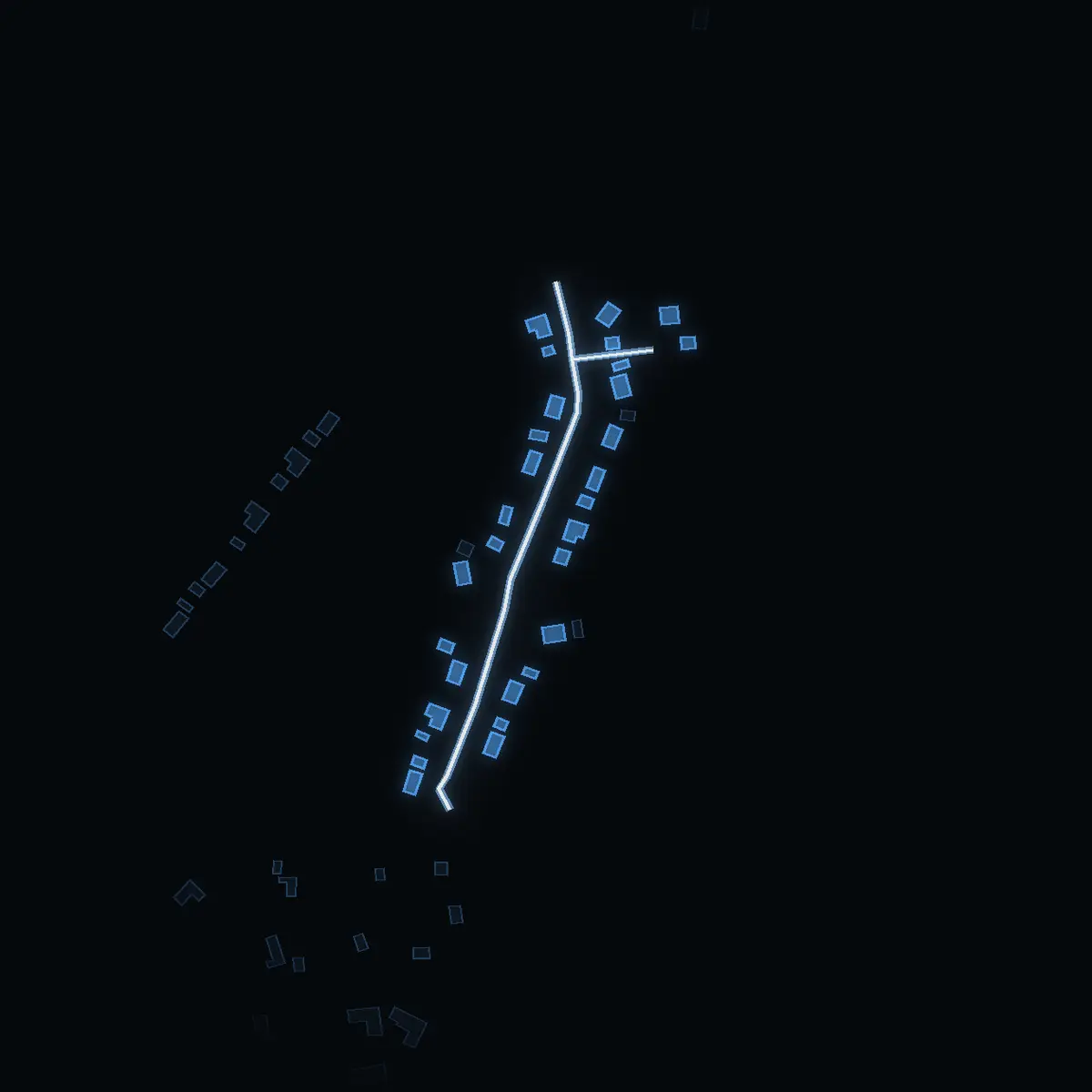 The street at night: Malmvägen drawn in white, its buildings lit in the colour of their area’s income