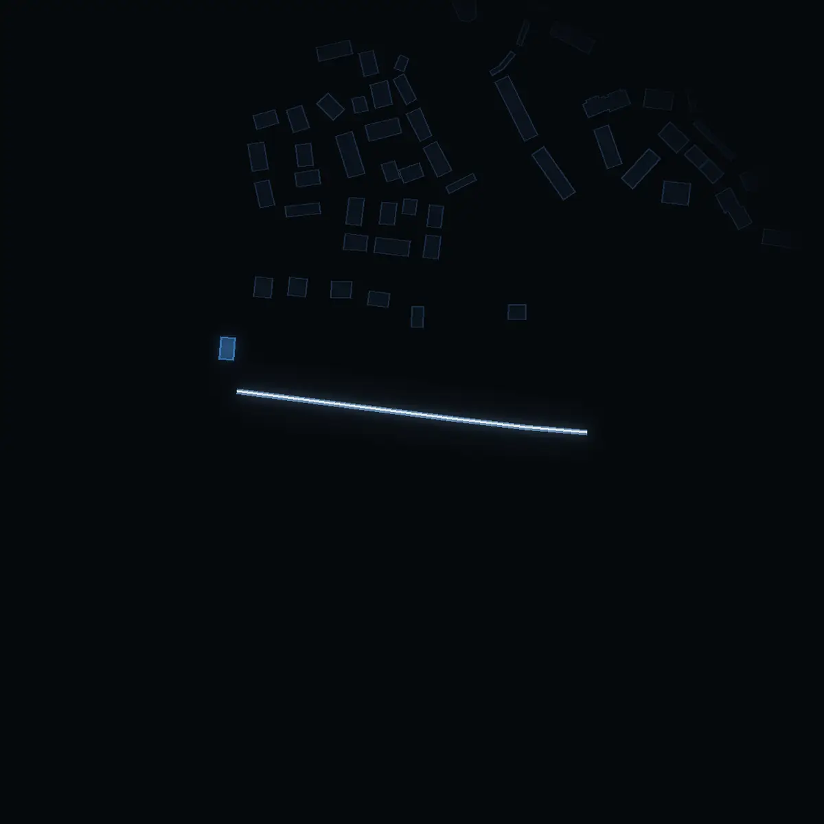 The street at night: Måsvägen drawn in white, its buildings lit in the colour of their area’s income