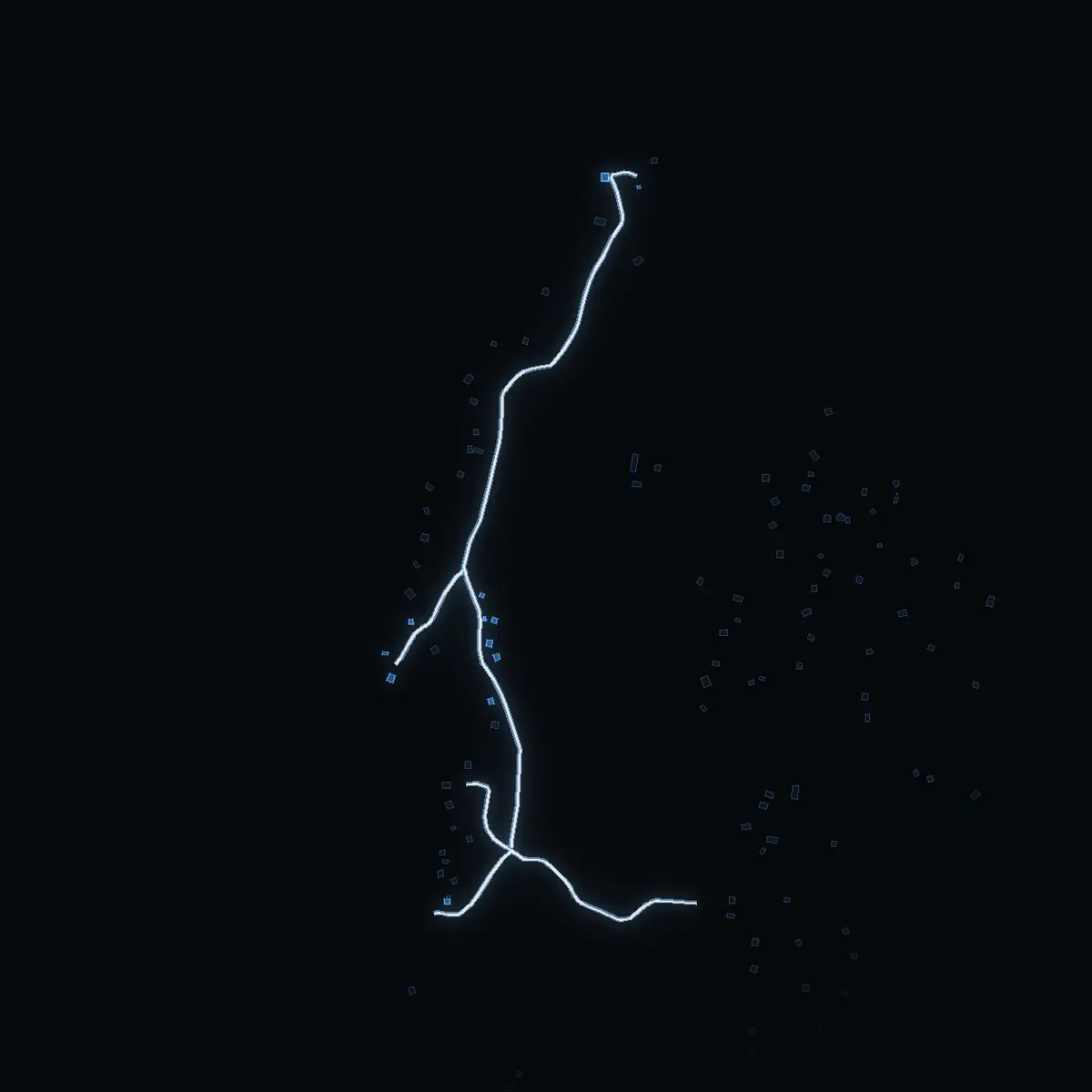 The street at night: Nabbenvägen drawn in white, its buildings lit in the colour of their area’s income