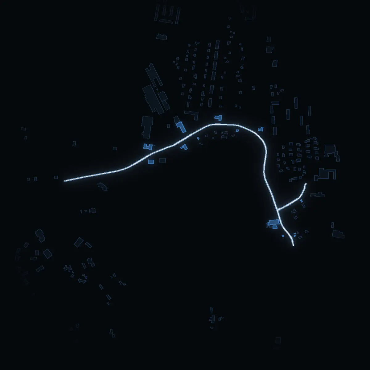 The street at night: Nyblevägen drawn in white, its buildings lit in the colour of their area’s income