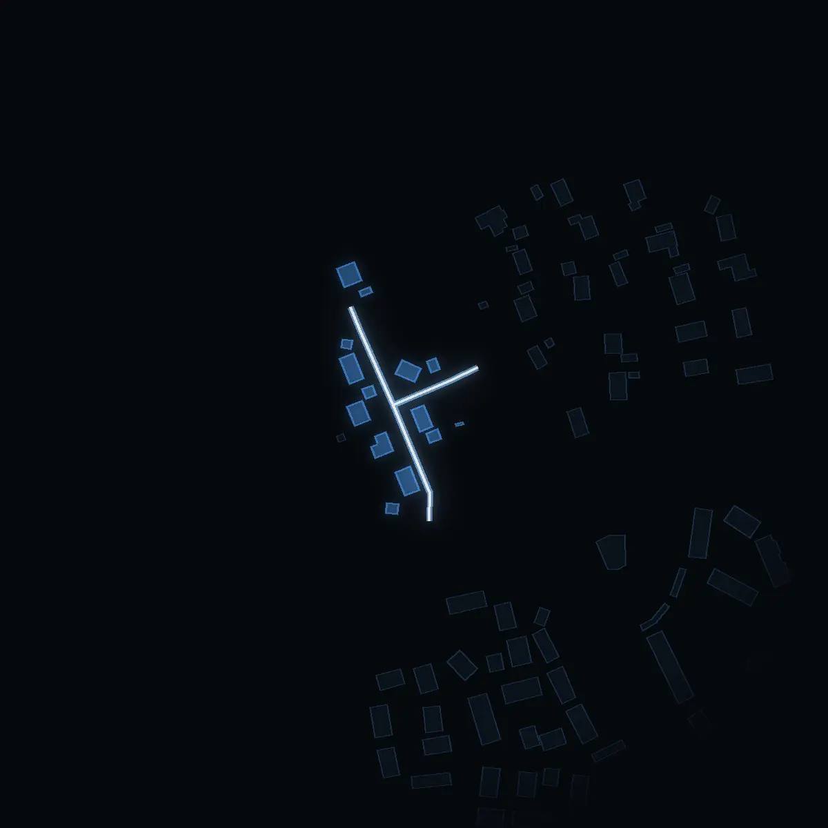 The street at night: Polhems väg drawn in white, its buildings lit in the colour of their area’s income