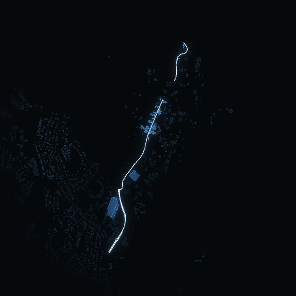 The street at night: Raffinaderivägen drawn in white, its buildings lit in the colour of their area’s income