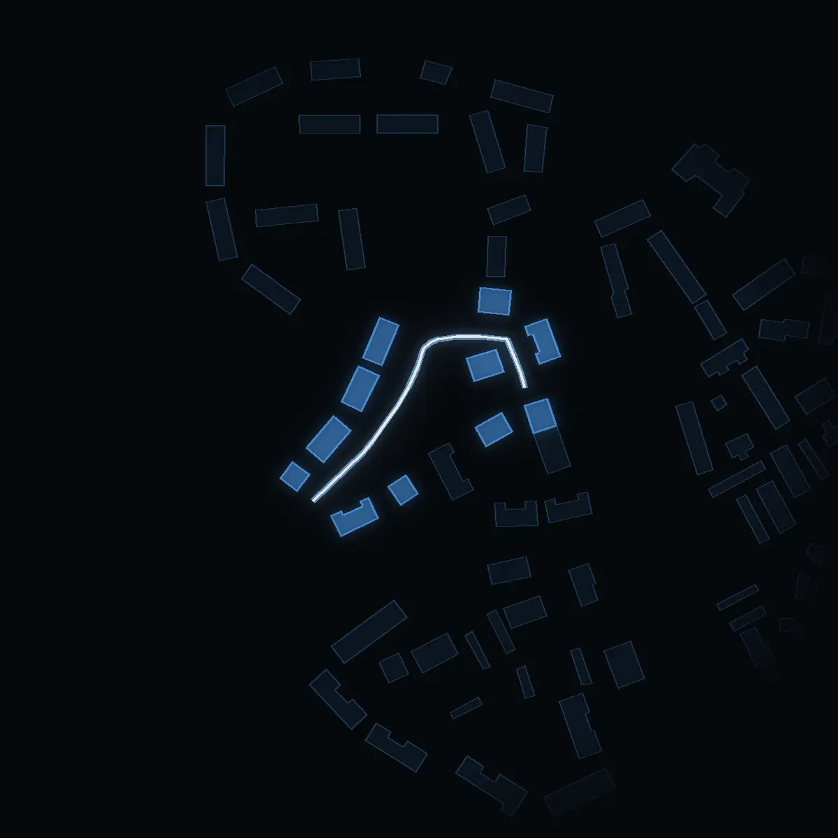 The street at night: Ruffvägen drawn in white, its buildings lit in the colour of their area’s income