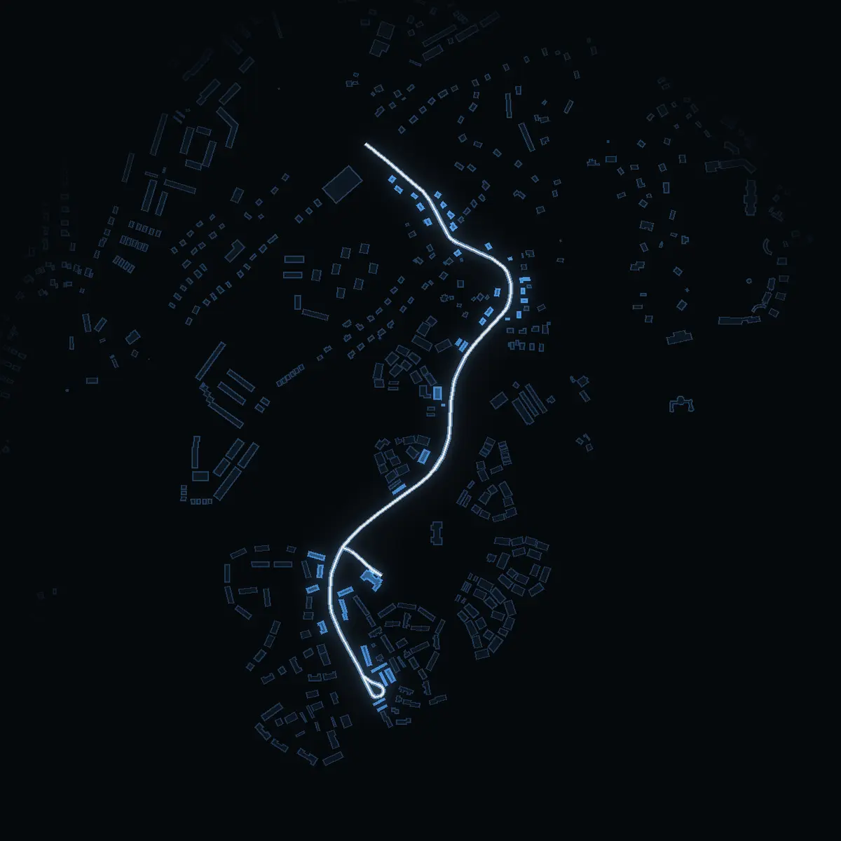 The street at night: Sandskogsvägen drawn in white, its buildings lit in the colour of their area’s income
