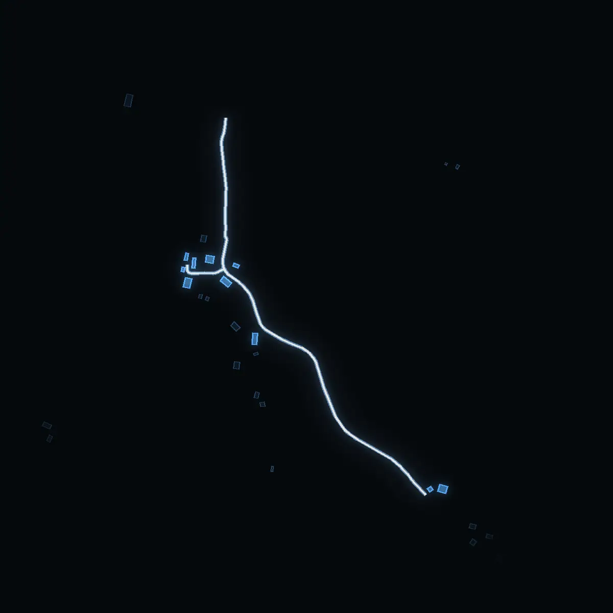 The street at night: Situna Byväg drawn in white, its buildings lit in the colour of their area’s income