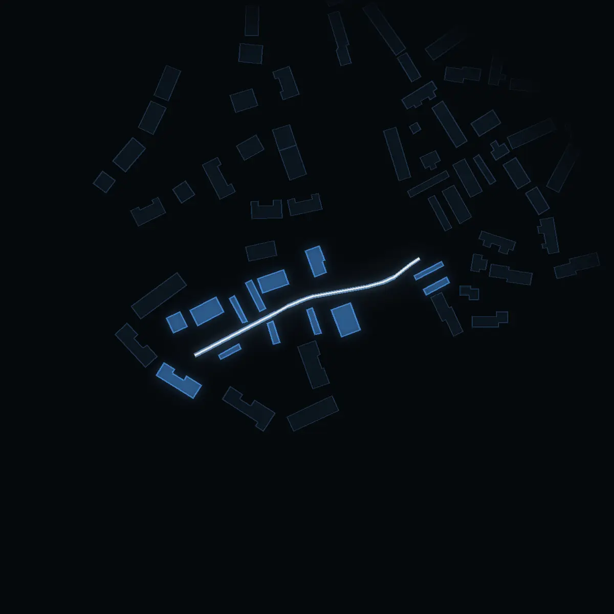 The street at night: Skansvägen drawn in white, its buildings lit in the colour of their area’s income