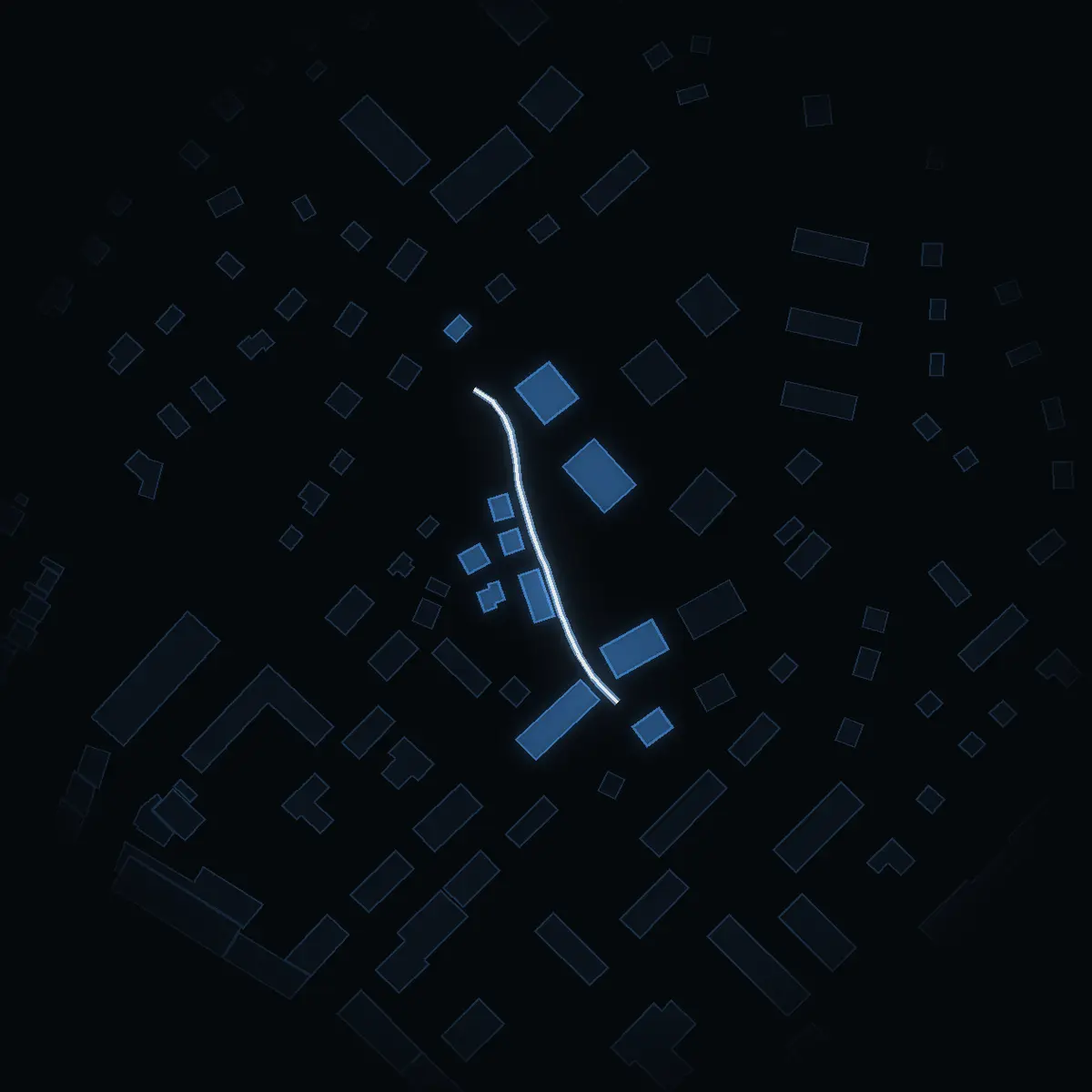 The street at night: Skogagatan drawn in white, its buildings lit in the colour of their area’s income