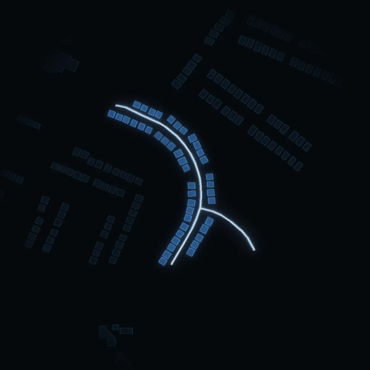 The street at night: Skogsstigen drawn in white, its buildings lit in the colour of their area’s income