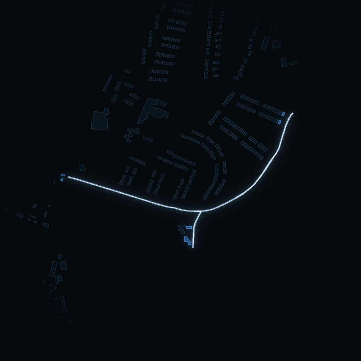 The street at night: Slätkärrsvägen drawn in white, its buildings lit in the colour of their area’s income