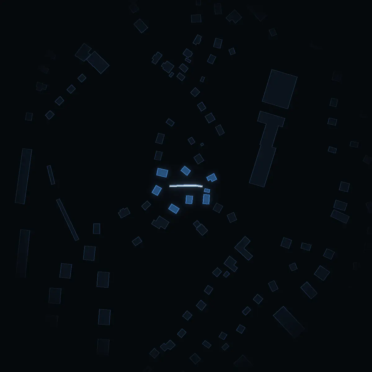 The street at night: Tvärgatan drawn in white, its buildings lit in the colour of their area’s income