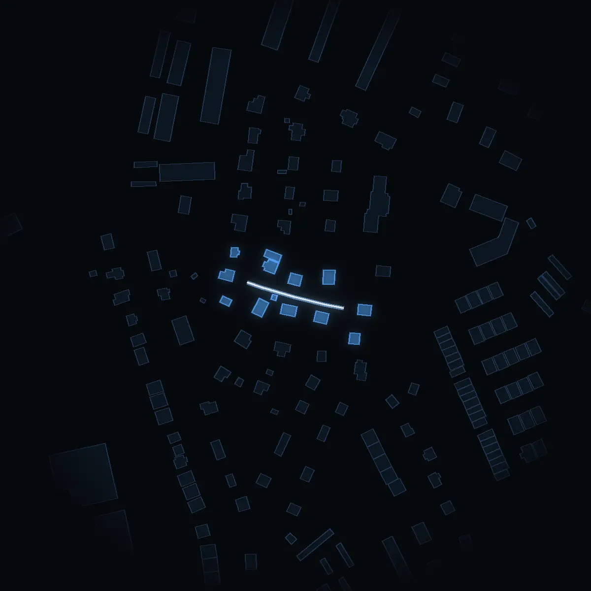 The street at night: Vallgatan drawn in white, its buildings lit in the colour of their area’s income