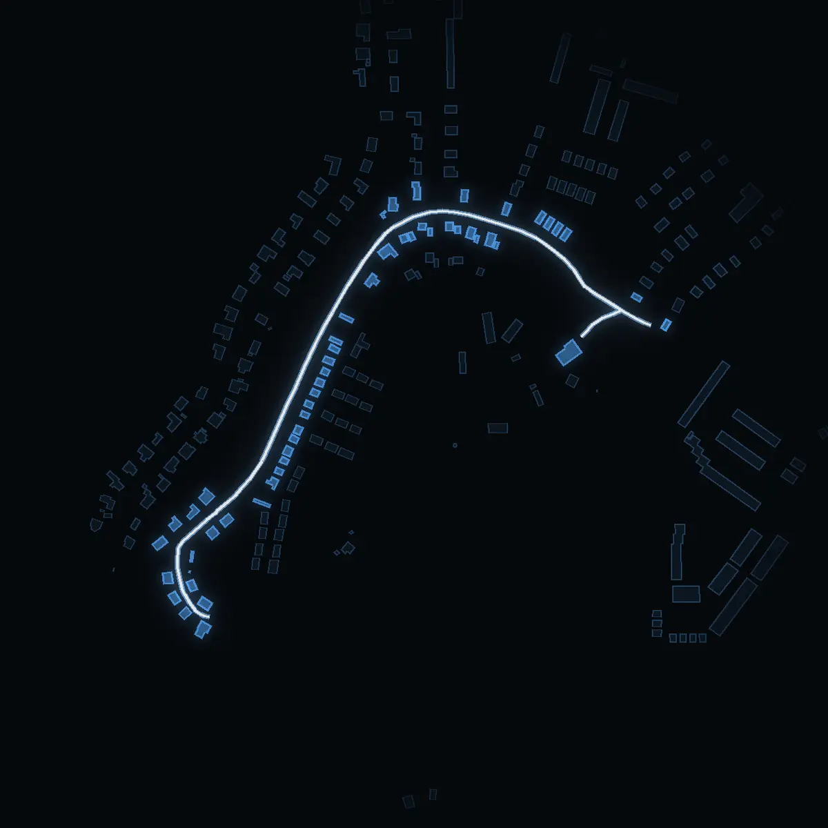 The street at night: Videgatan drawn in white, its buildings lit in the colour of their area’s income