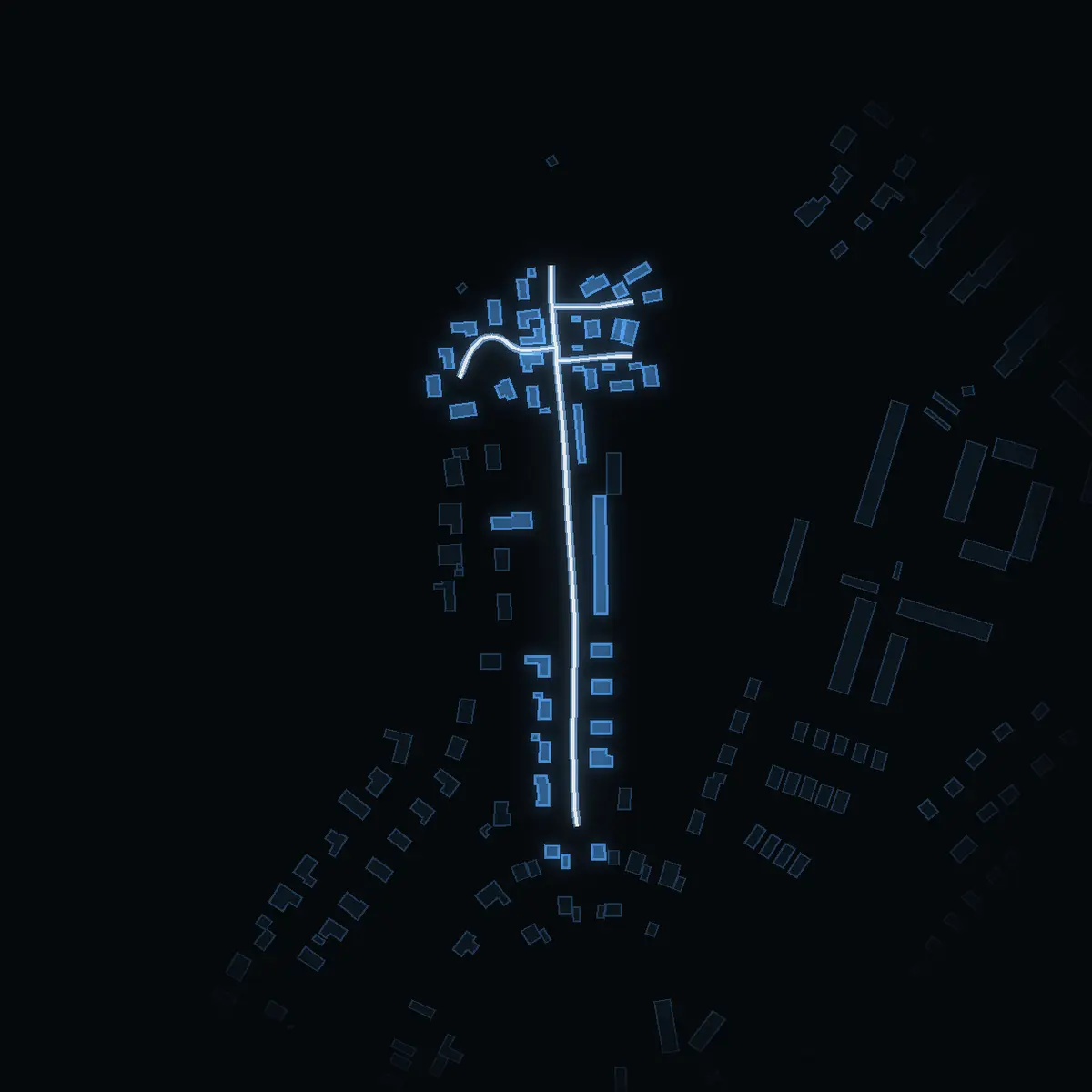 The street at night: Vikgatan drawn in white, its buildings lit in the colour of their area’s income