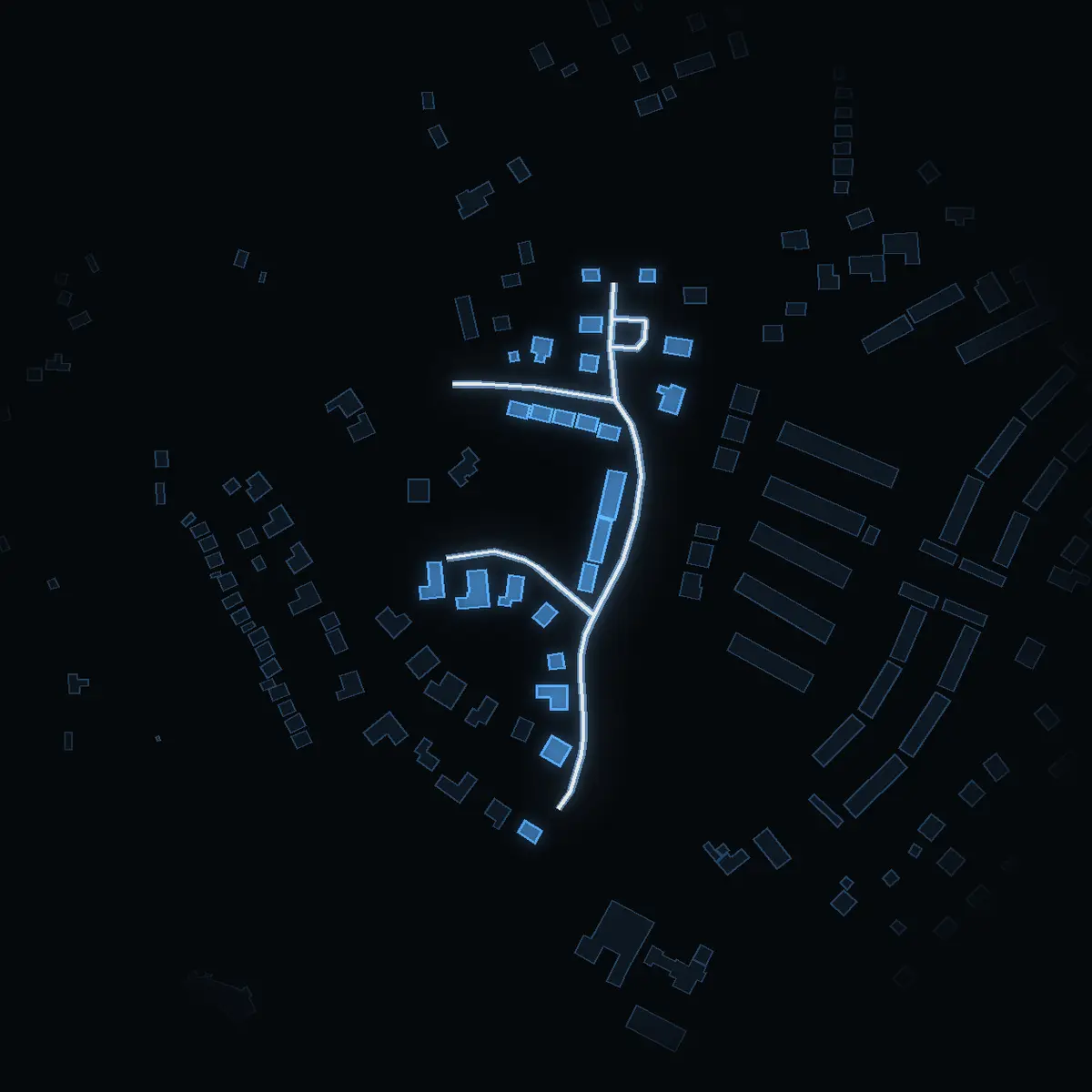The street at night: Åkerstorpsvägen drawn in white, its buildings lit in the colour of their area’s income