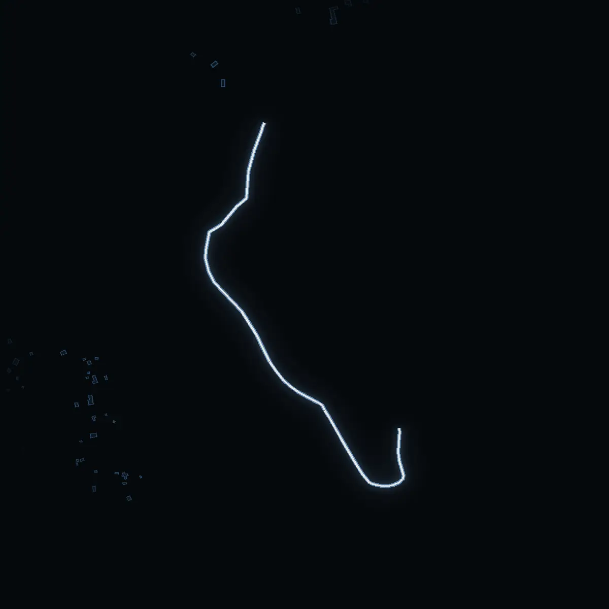 The street at night: Älgslättsvägen drawn in white, its buildings lit in the colour of their area’s income
