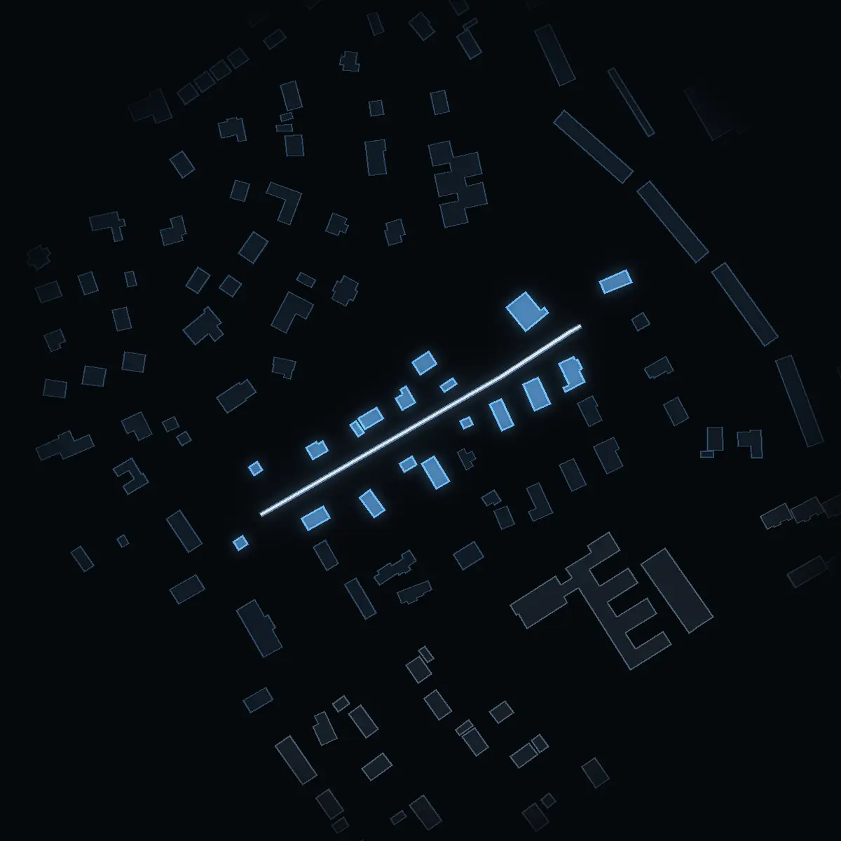 The street at night: Allévägen drawn in white, its buildings lit in the colour of their area’s income