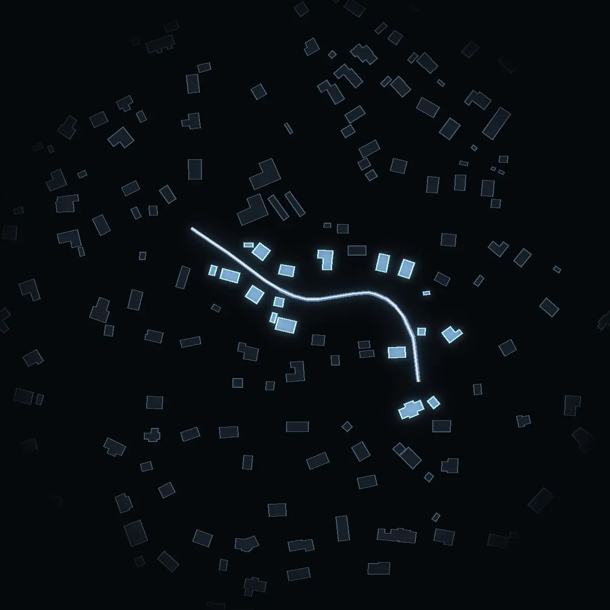 The street at night: Angantyrsvägen drawn in white, its buildings lit in the colour of their area’s income