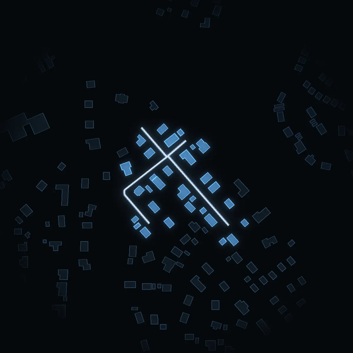 The street at night: Armborstvägen drawn in white, its buildings lit in the colour of their area’s income
