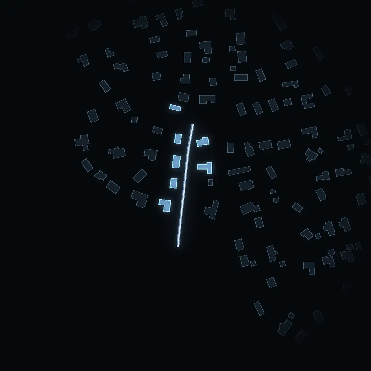 The street at night: Båtvägen drawn in white, its buildings lit in the colour of their area’s income