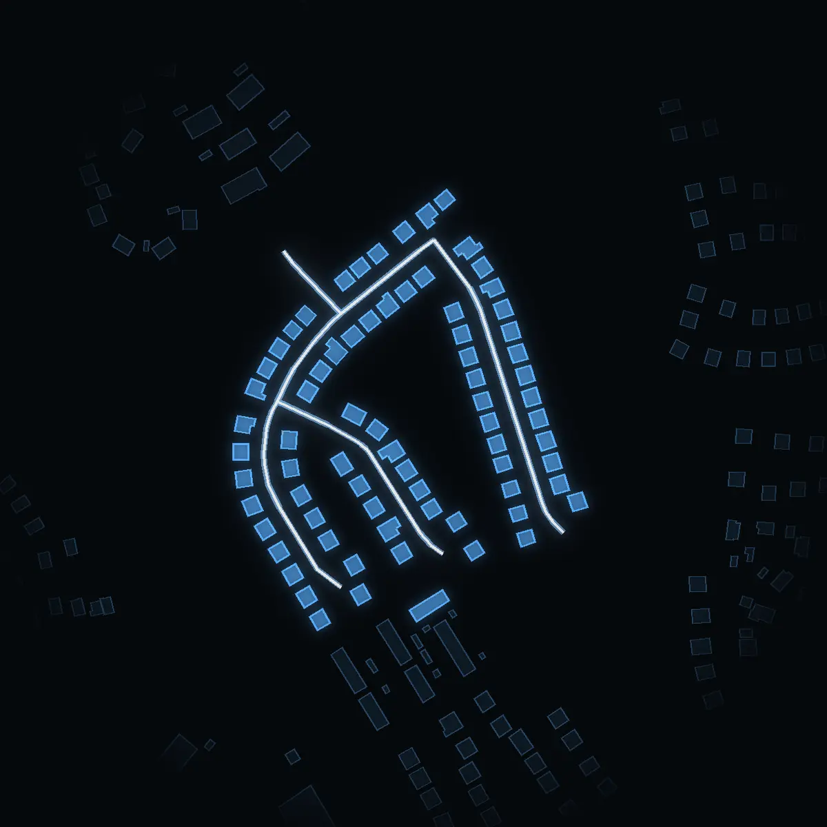 The street at night: Bergsättravägen drawn in white, its buildings lit in the colour of their area’s income