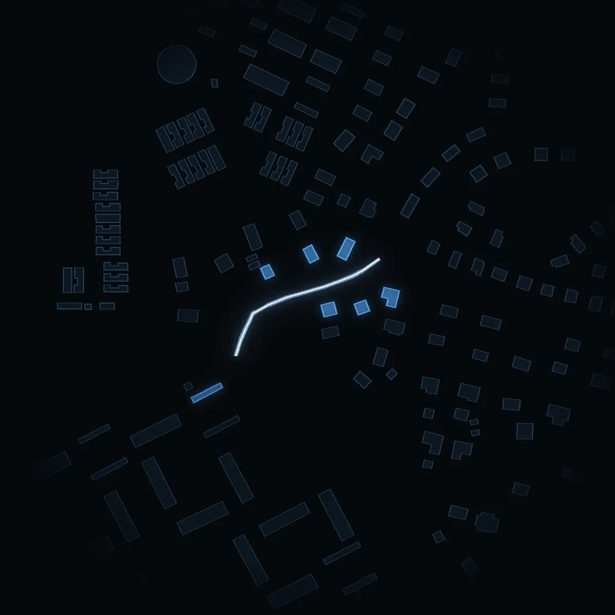 The street at night: Björkhagavägen drawn in white, its buildings lit in the colour of their area’s income