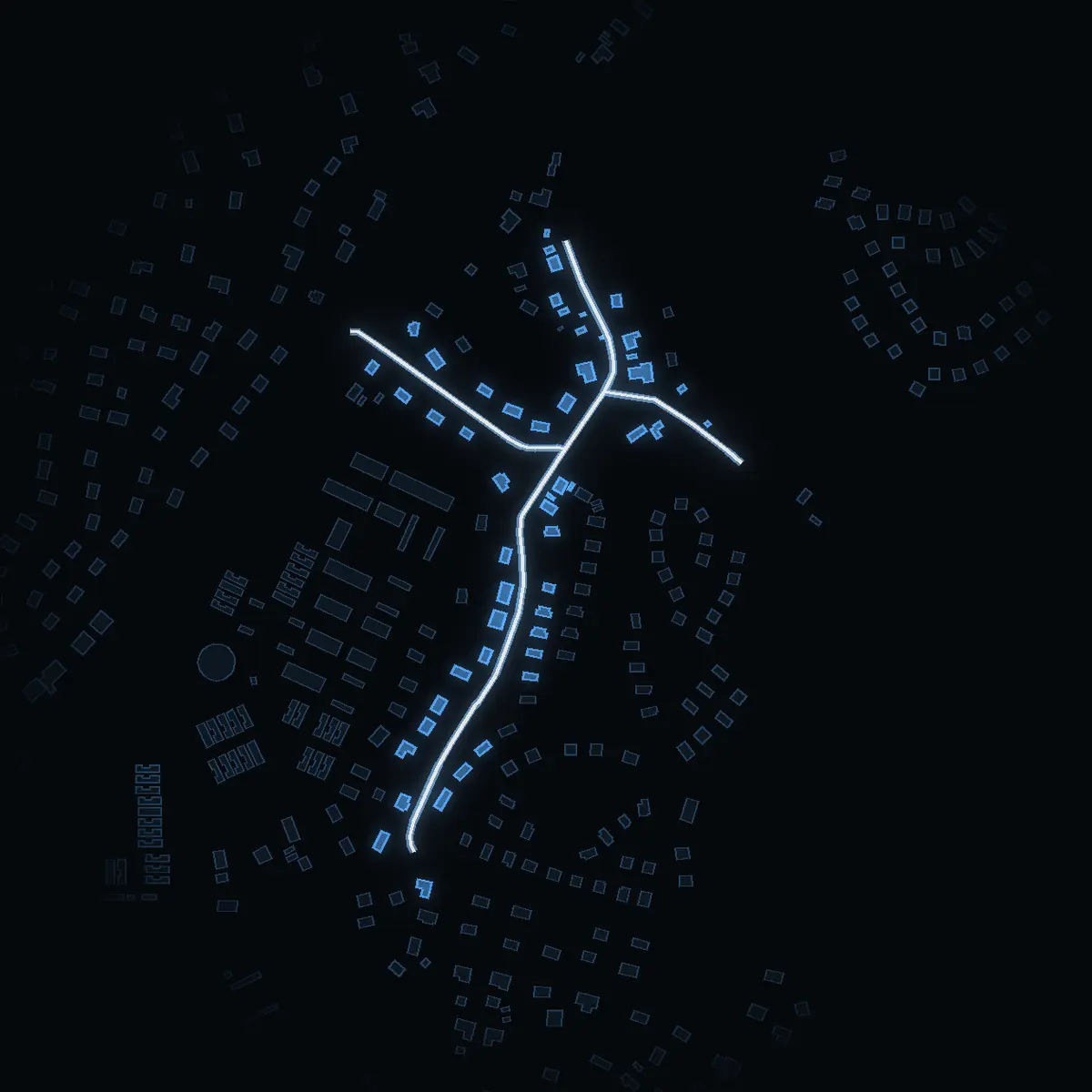 The street at night: Björkhagsvägen drawn in white, its buildings lit in the colour of their area’s income