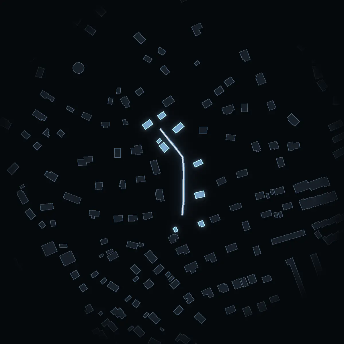 The street at night: Branta Stigen drawn in white, its buildings lit in the colour of their area’s income
