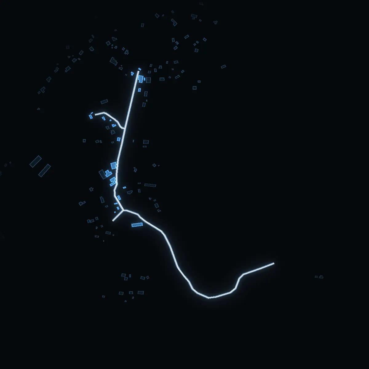 The street at night: Bygatan drawn in white, its buildings lit in the colour of their area’s income