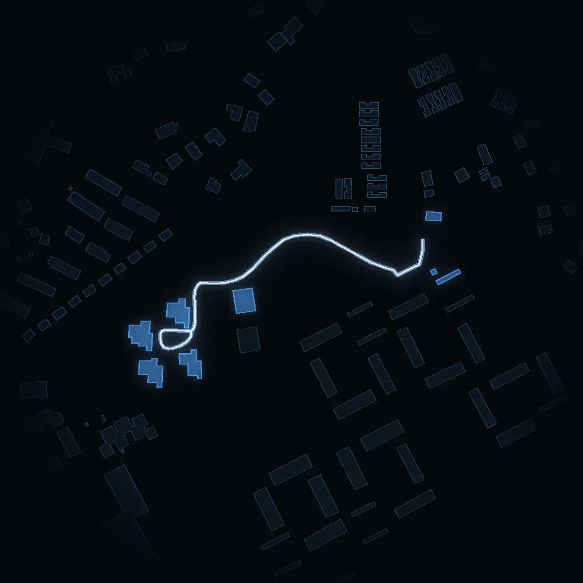 The street at night: Dansbanevägen drawn in white, its buildings lit in the colour of their area’s income