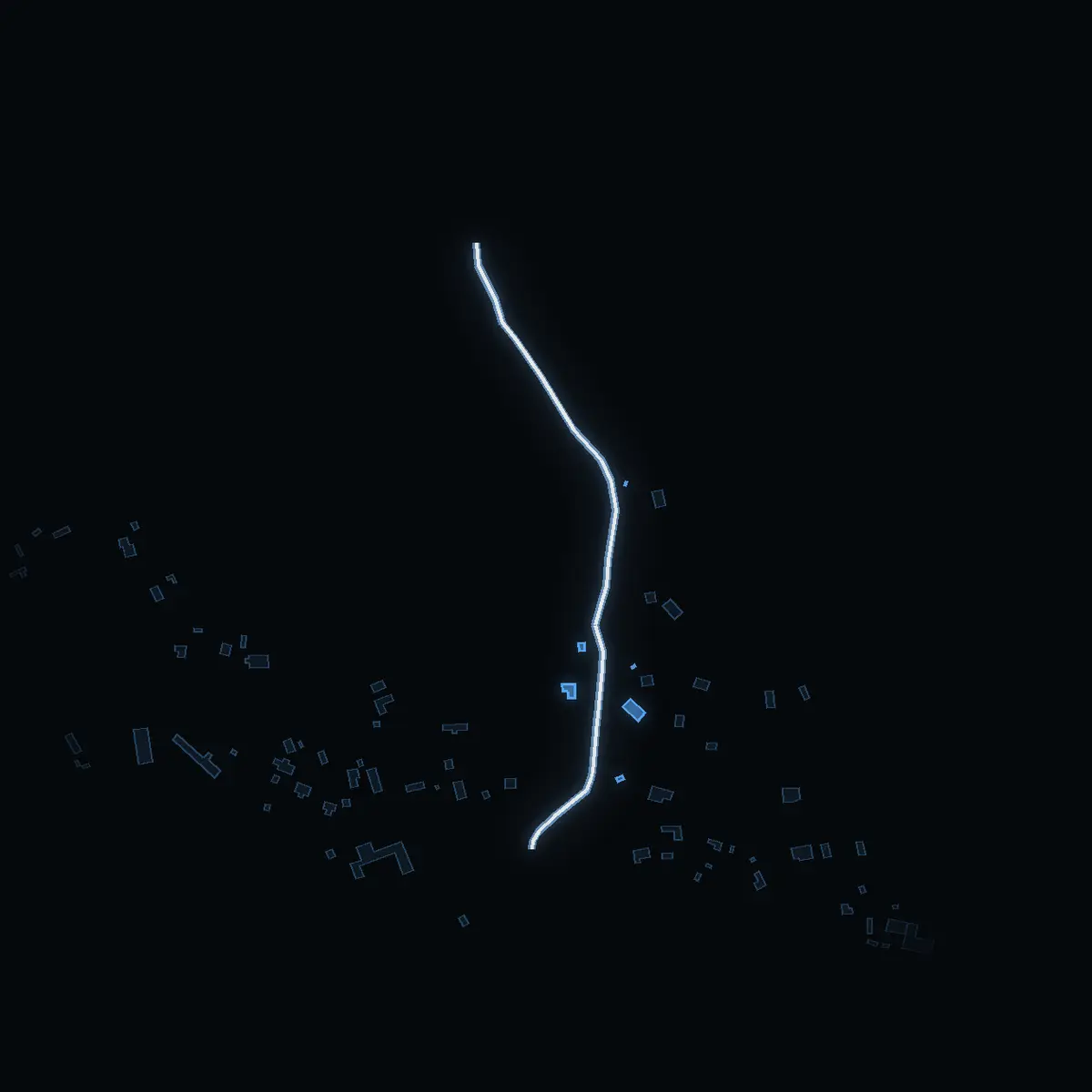 The street at night: Finnkärrsvägen drawn in white, its buildings lit in the colour of their area’s income
