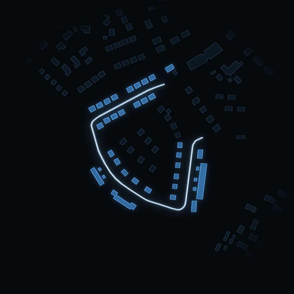 The street at night: Getingvägen drawn in white, its buildings lit in the colour of their area’s income