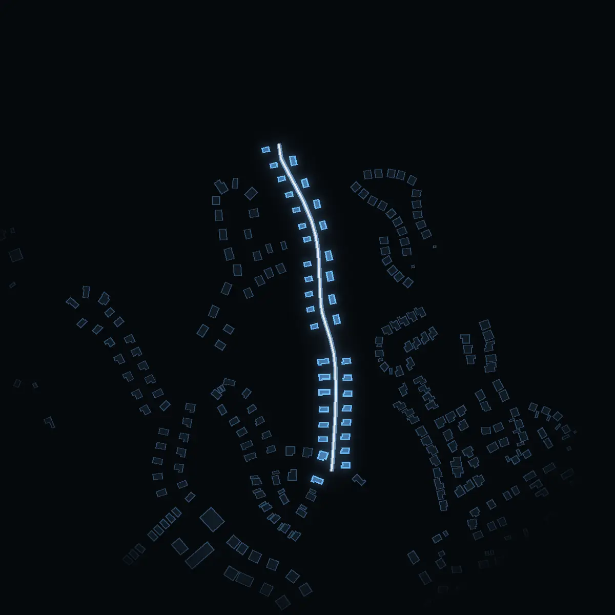 The street at night: Hagmarksvägen drawn in white, its buildings lit in the colour of their area’s income